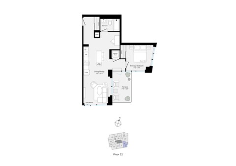 Floor plan for 1 bed, 1 bath, 637 sqft